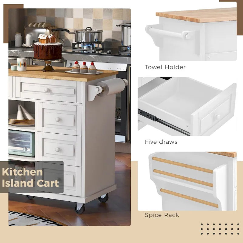 Chariot de cuisine avec rangement et 5 tiroirs, porte-épices, porte-serviettes, plateau en bois d’hévéa, îlot de cuisine mobile à roulettes