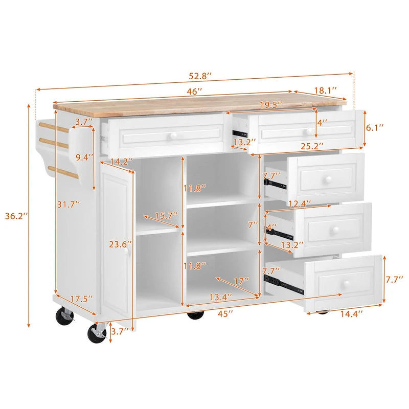 Chariot de cuisine avec rangement et 5 tiroirs, porte-épices, porte-serviettes, plateau en bois d’hévéa, îlot de cuisine mobile à roulettes