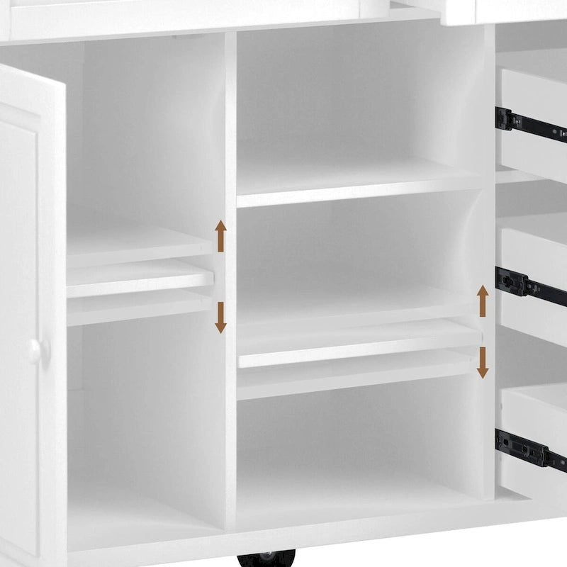 Chariot de cuisine avec rangement et 5 tiroirs, porte-épices, porte-serviettes, plateau en bois d’hévéa, îlot de cuisine mobile à roulettes