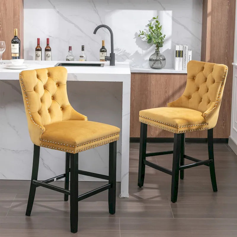 Velvet Upholstered Barstools with Button Tufted Decoration and Wooden Legs, and Chrome Nailhead Trim, Leisure Style Bar Chairs