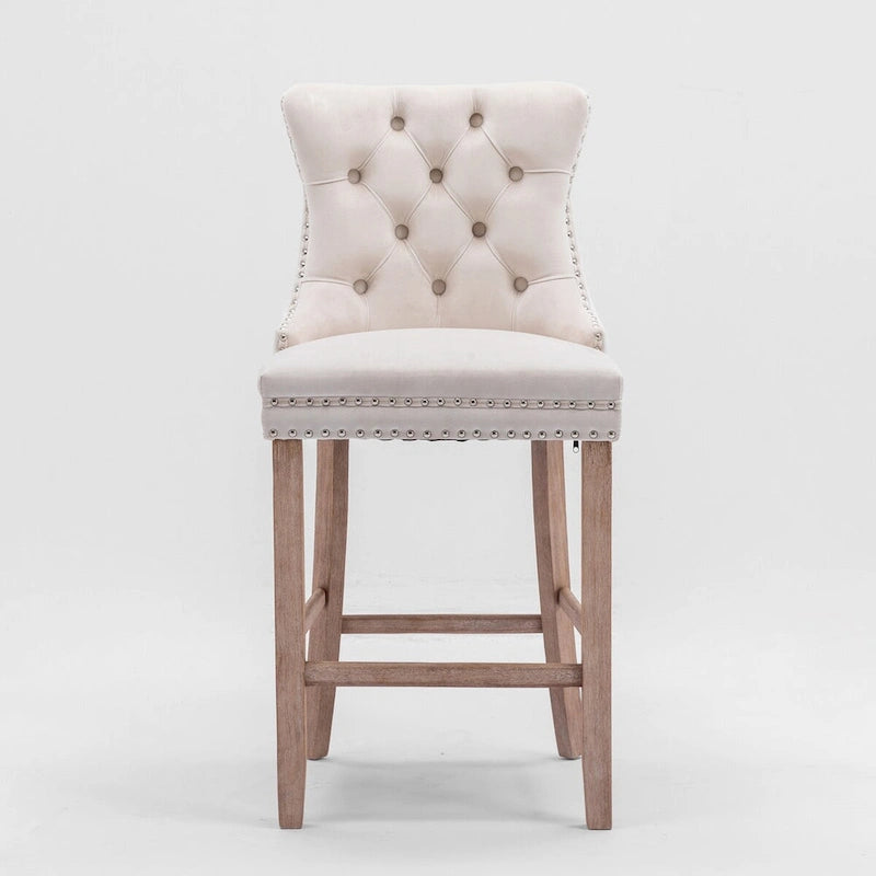 Tabourets de bar rembourrés en velours avec décoration capitonnée à boutons, pieds en bois, garniture de clous chromés, style décontracté