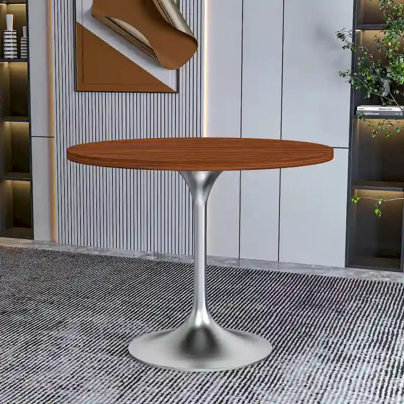 Runder Esstisch mit 36 Zoll Durchmesser, Tischplatte aus MDF-Holz und gebürstetem Chromgestell für Küche und Esszimmer