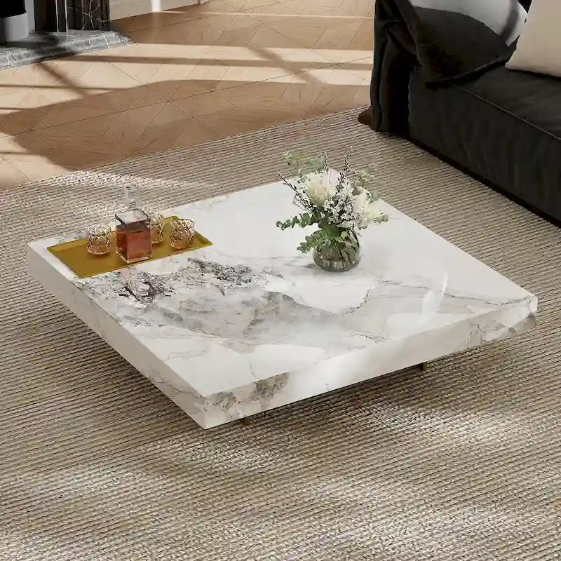 Moderner quadratischer Couchtisch in Marmoroptik, 42, glänzende Tischplatte aus gesintertem Stein