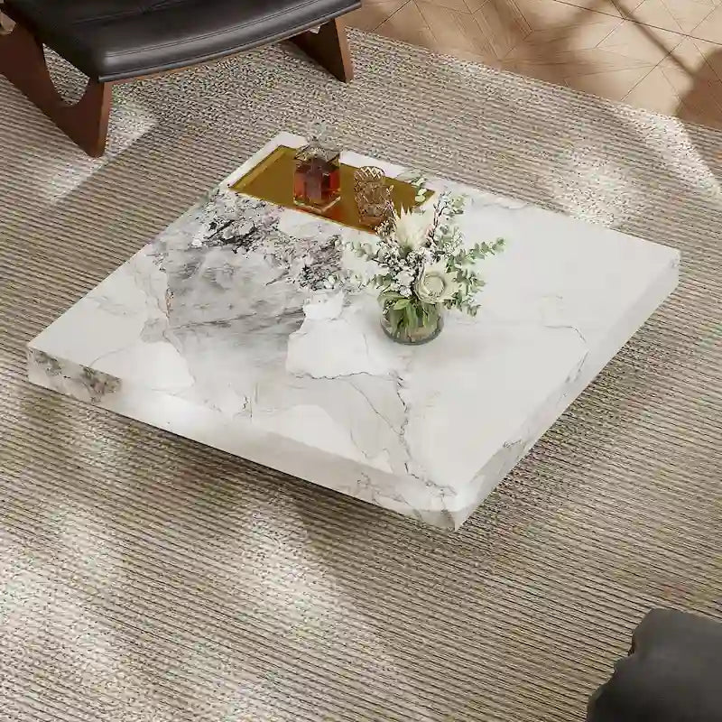 Moderner quadratischer Couchtisch in Marmoroptik, 42, glänzende Tischplatte aus gesintertem Stein