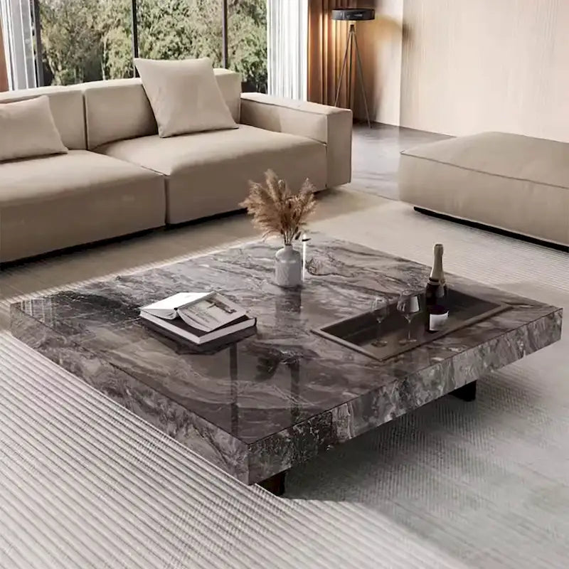Moderner quadratischer Couchtisch in Marmoroptik, 42, glänzende Tischplatte aus gesintertem Stein