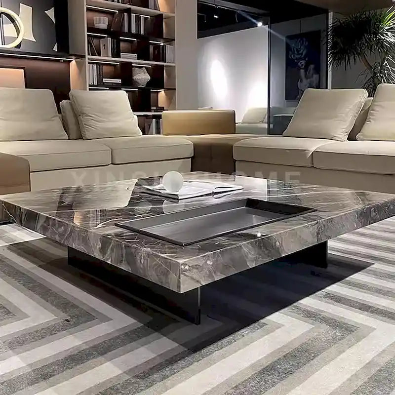 Moderner quadratischer Couchtisch in Marmoroptik, 42, glänzende Tischplatte aus gesintertem Stein