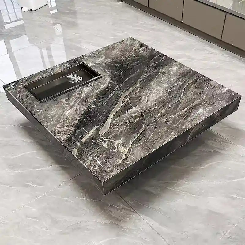 Moderner quadratischer Couchtisch in Marmoroptik, 42, glänzende Tischplatte aus gesintertem Stein