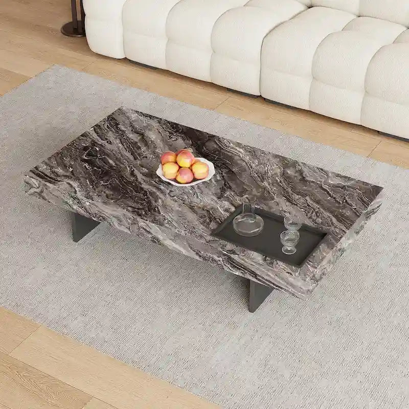 Moderner quadratischer Couchtisch in Marmoroptik, 42, glänzende Tischplatte aus gesintertem Stein