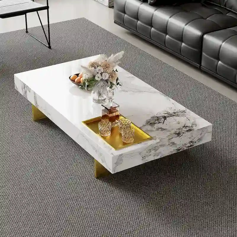 Moderner quadratischer Couchtisch in Marmoroptik, 42, glänzende Tischplatte aus gesintertem Stein