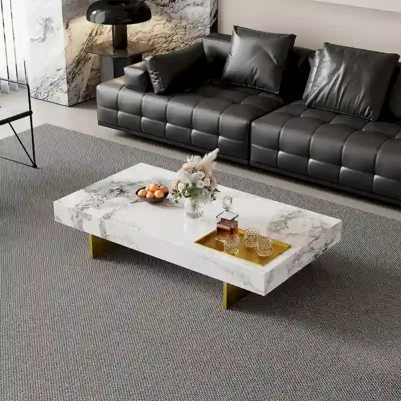 Moderner quadratischer Couchtisch in Marmoroptik, 42, glänzende Tischplatte aus gesintertem Stein