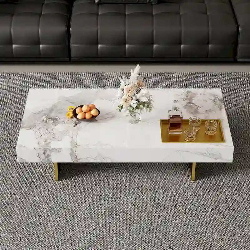 Moderner quadratischer Couchtisch in Marmoroptik, 42, glänzende Tischplatte aus gesintertem Stein