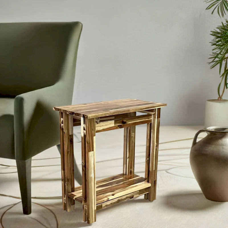 Table architecturale pour fauteuil inclinable en bois d’acacia avec étagère