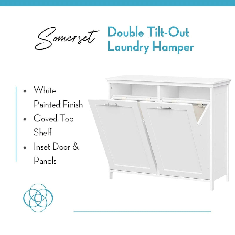 Meuble double pour panier à linge basculant avec sacs de rangement en tissu amovibles - blanc