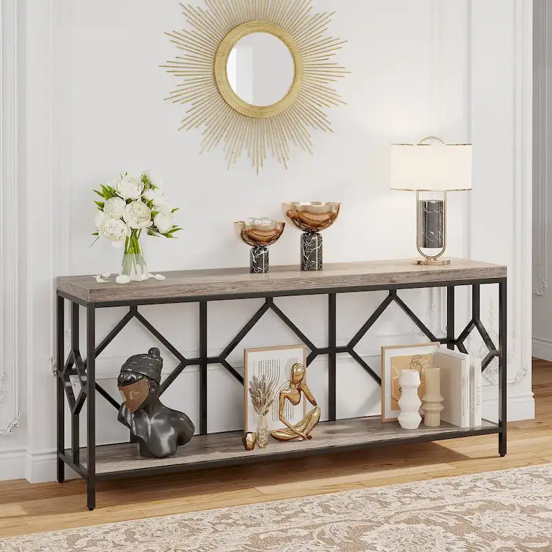 Console de canapé de 70.9 pouces avec étagère de rangement ouverte, style industriel, table étroite extra-longue pour canapé, table d’entrée derrière le canapé