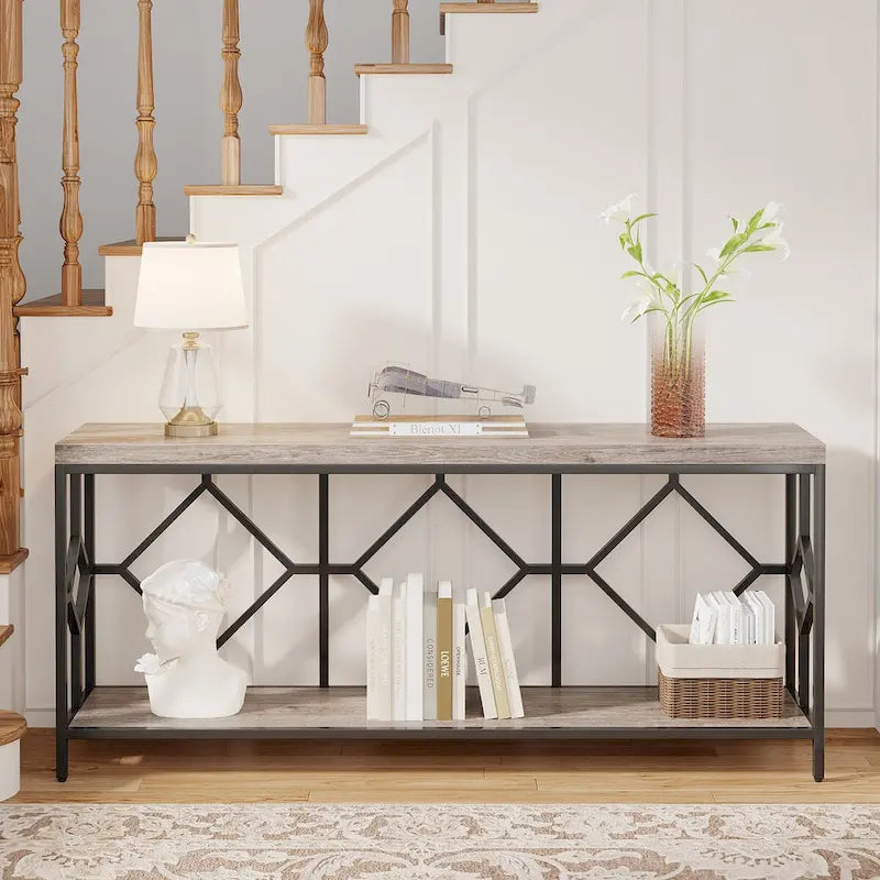 Console de canapé de 70.9 pouces avec étagère de rangement ouverte, style industriel, table étroite extra-longue pour canapé, table d’entrée derrière le canapé