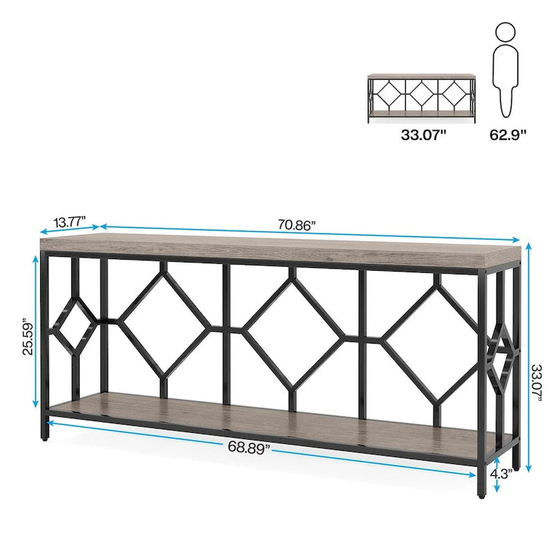 Console de canapé de 70.9 pouces avec étagère de rangement ouverte, style industriel, table étroite extra-longue pour canapé, table d’entrée derrière le canapé