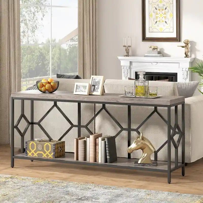 Console de canapé de 70.9 pouces avec étagère de rangement ouverte, style industriel, table étroite extra-longue pour canapé, table d’entrée derrière le canapé