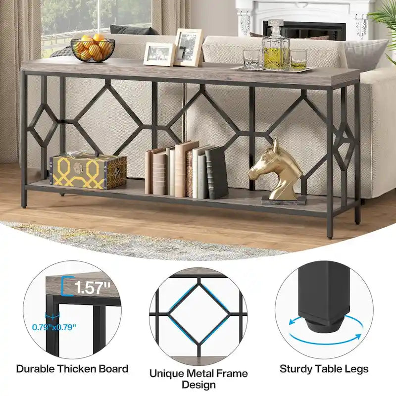 Console de canapé de 70.9 pouces avec étagère de rangement ouverte, style industriel, table étroite extra-longue pour canapé, table d’entrée derrière le canapé