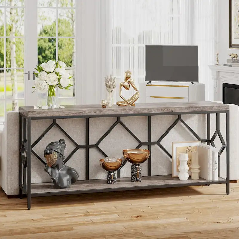 Console de canapé de 70.9 pouces avec étagère de rangement ouverte, style industriel, table étroite extra-longue pour canapé, table d’entrée derrière le canapé