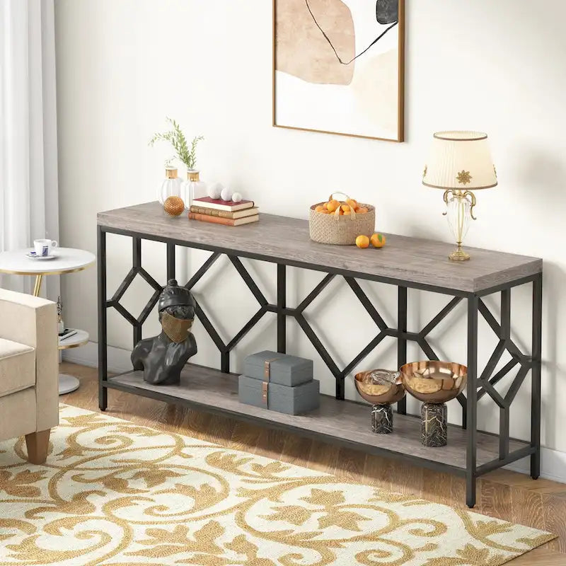 Console de canapé de 70.9 pouces avec étagère de rangement ouverte, style industriel, table étroite extra-longue pour canapé, table d’entrée derrière le canapé