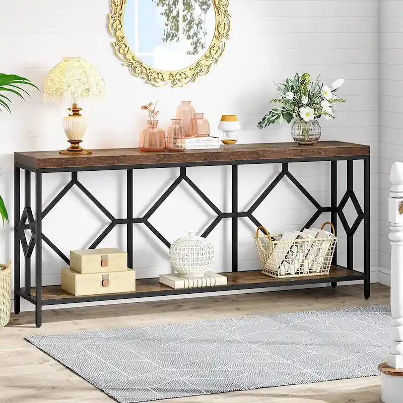 Console de canapé de 70.9 pouces avec étagère de rangement ouverte, style industriel, table étroite extra-longue pour canapé, table d’entrée derrière le canapé