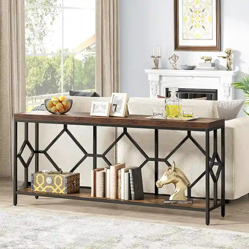 Console de canapé de 70.9 pouces avec étagère de rangement ouverte, style industriel, table étroite extra-longue pour canapé, table d’entrée derrière le canapé