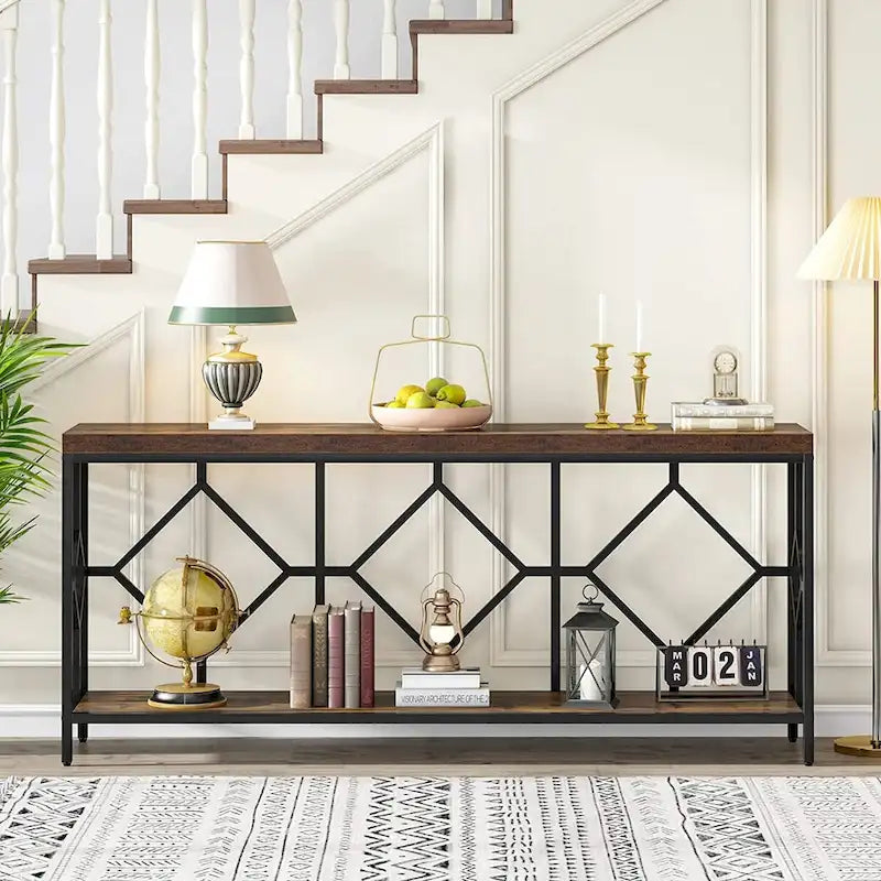 Console de canapé de 70.9 pouces avec étagère de rangement ouverte, style industriel, table étroite extra-longue pour canapé, table d’entrée derrière le canapé
