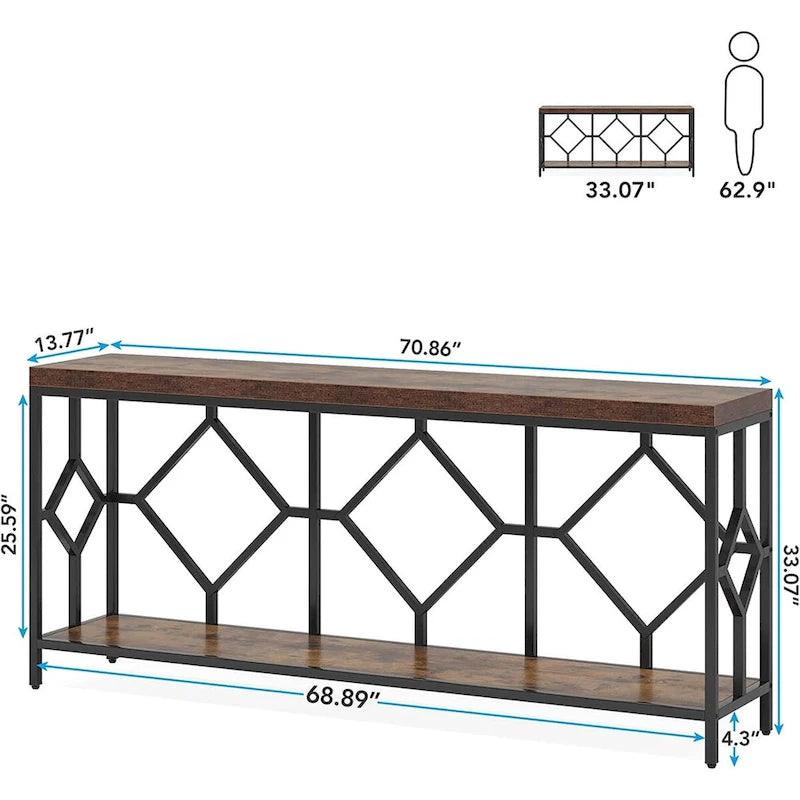 Console de canapé de 70.9 pouces avec étagère de rangement ouverte, style industriel, table étroite extra-longue pour canapé, table d’entrée derrière le canapé