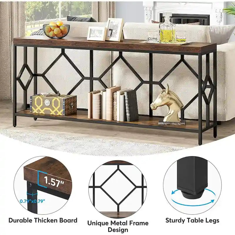 Console de canapé de 70.9 pouces avec étagère de rangement ouverte, style industriel, table étroite extra-longue pour canapé, table d’entrée derrière le canapé