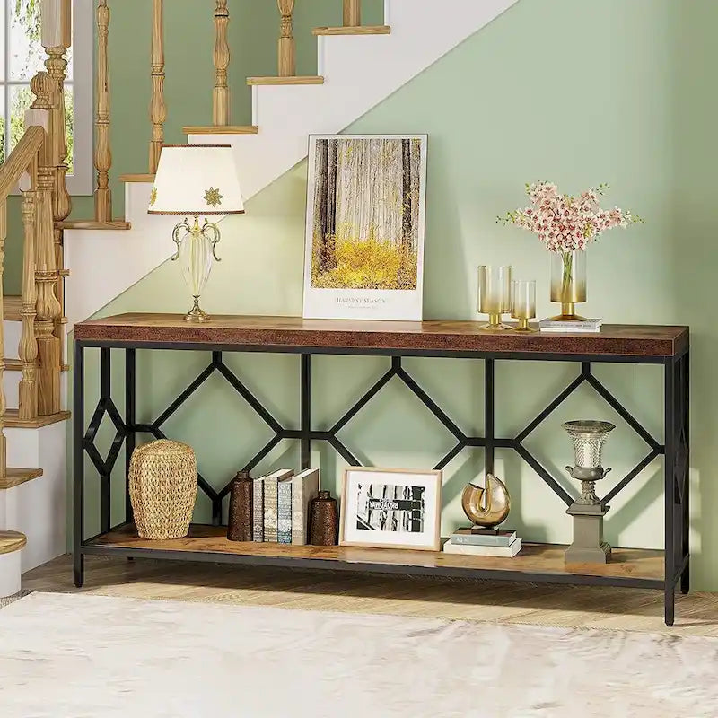 Console de canapé de 70.9 pouces avec étagère de rangement ouverte, style industriel, table étroite extra-longue pour canapé, table d’entrée derrière le canapé