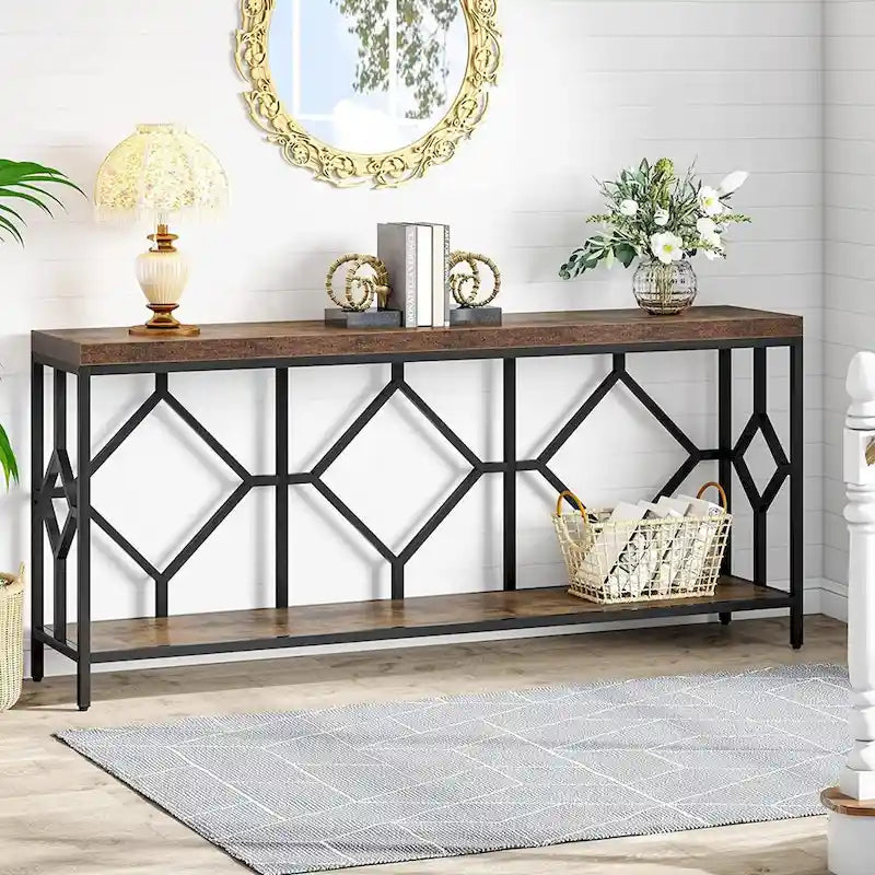 Console de canapé de 70.9 pouces avec étagère de rangement ouverte, style industriel, table étroite extra-longue pour canapé, table d’entrée derrière le canapé
