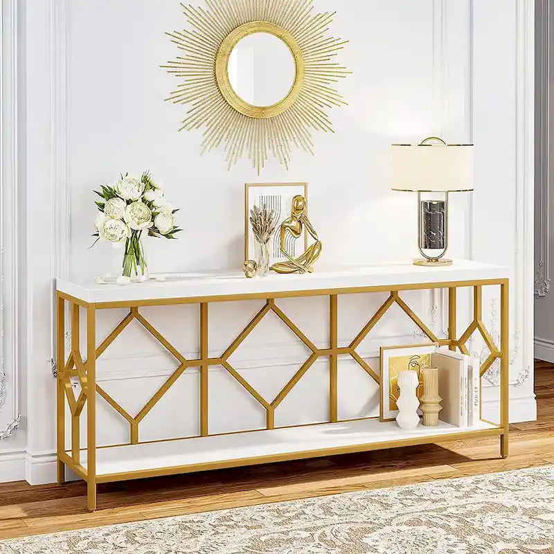Console de canapé de 70.9 pouces avec étagère de rangement ouverte, style industriel, table étroite extra-longue pour canapé, table d’entrée derrière le canapé