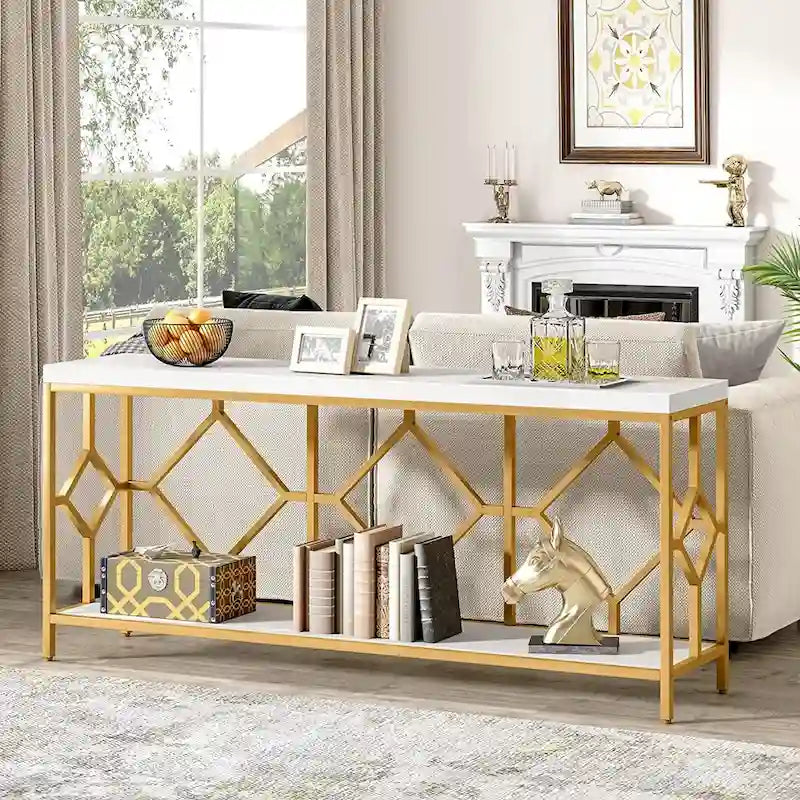 Console de canapé de 70.9 pouces avec étagère de rangement ouverte, style industriel, table étroite extra-longue pour canapé, table d’entrée derrière le canapé