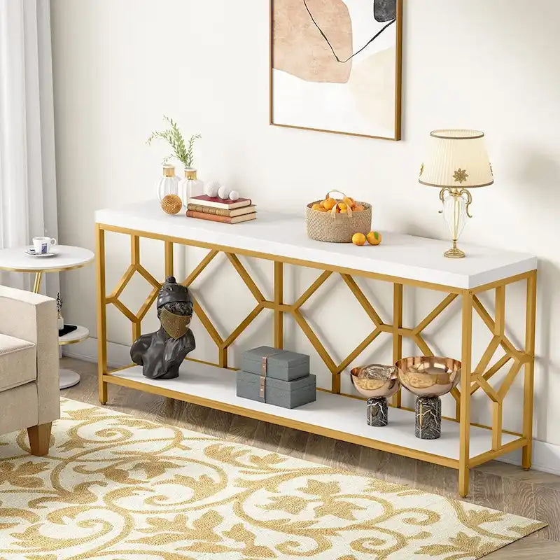 Console de canapé de 70.9 pouces avec étagère de rangement ouverte, style industriel, table étroite extra-longue pour canapé, table d’entrée derrière le canapé