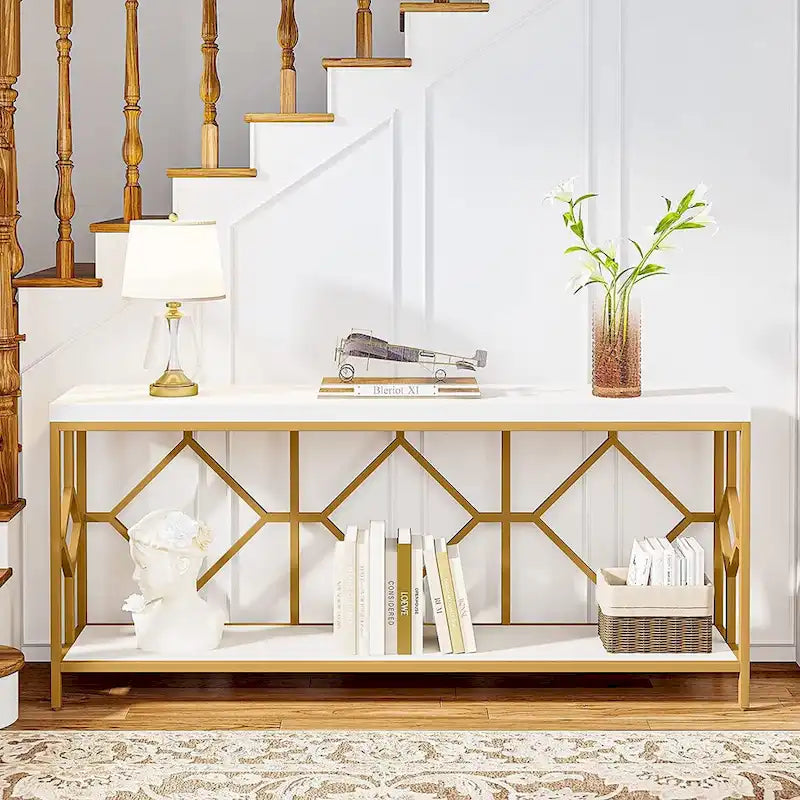 Console de canapé de 70.9 pouces avec étagère de rangement ouverte, style industriel, table étroite extra-longue pour canapé, table d’entrée derrière le canapé