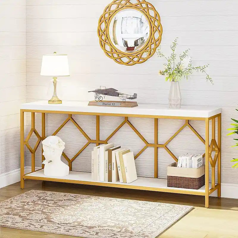 Console de canapé de 70.9 pouces avec étagère de rangement ouverte, style industriel, table étroite extra-longue pour canapé, table d’entrée derrière le canapé