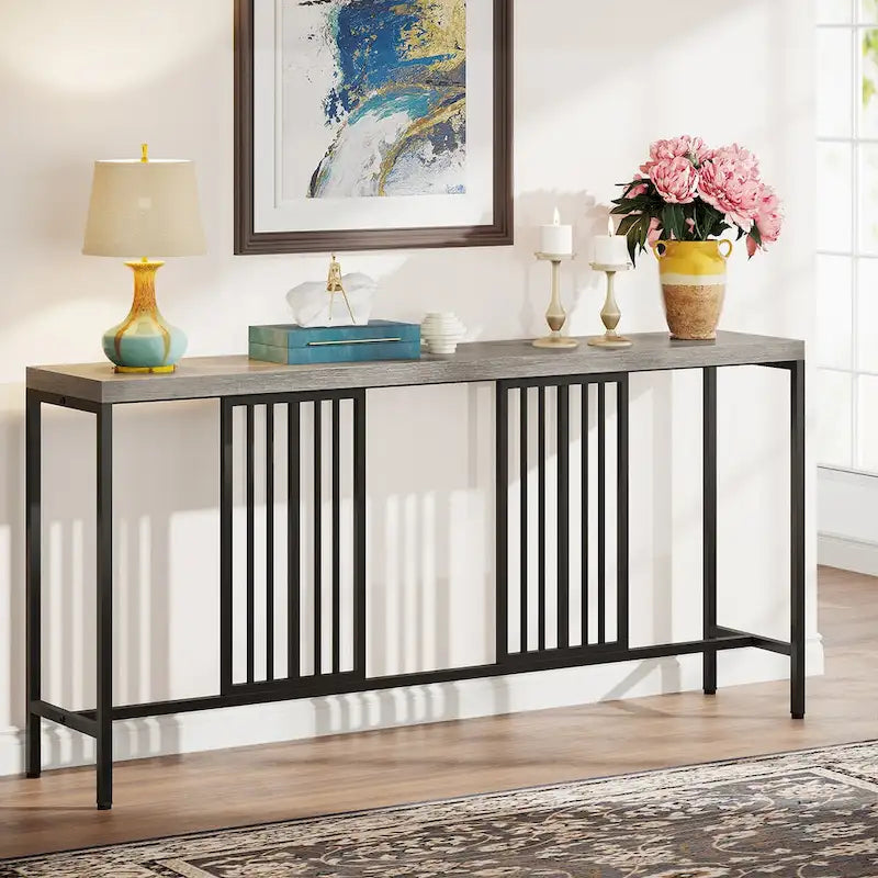 Console de canapé de 70.9 pouces avec étagère de rangement ouverte, style industriel, table étroite extra-longue pour canapé, table d’entrée derrière le canapé