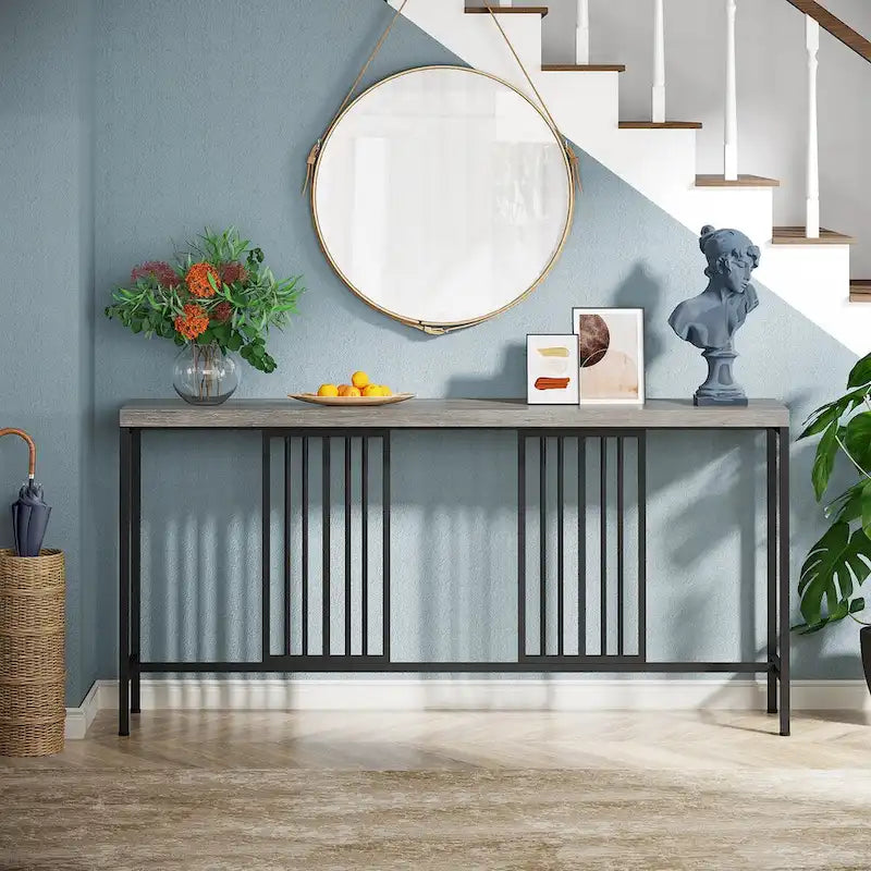 Console de canapé de 70.9 pouces avec étagère de rangement ouverte, style industriel, table étroite extra-longue pour canapé, table d’entrée derrière le canapé