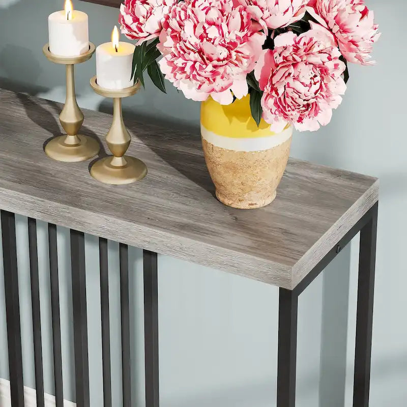 Console de canapé de 70.9 pouces avec étagère de rangement ouverte, style industriel, table étroite extra-longue pour canapé, table d’entrée derrière le canapé