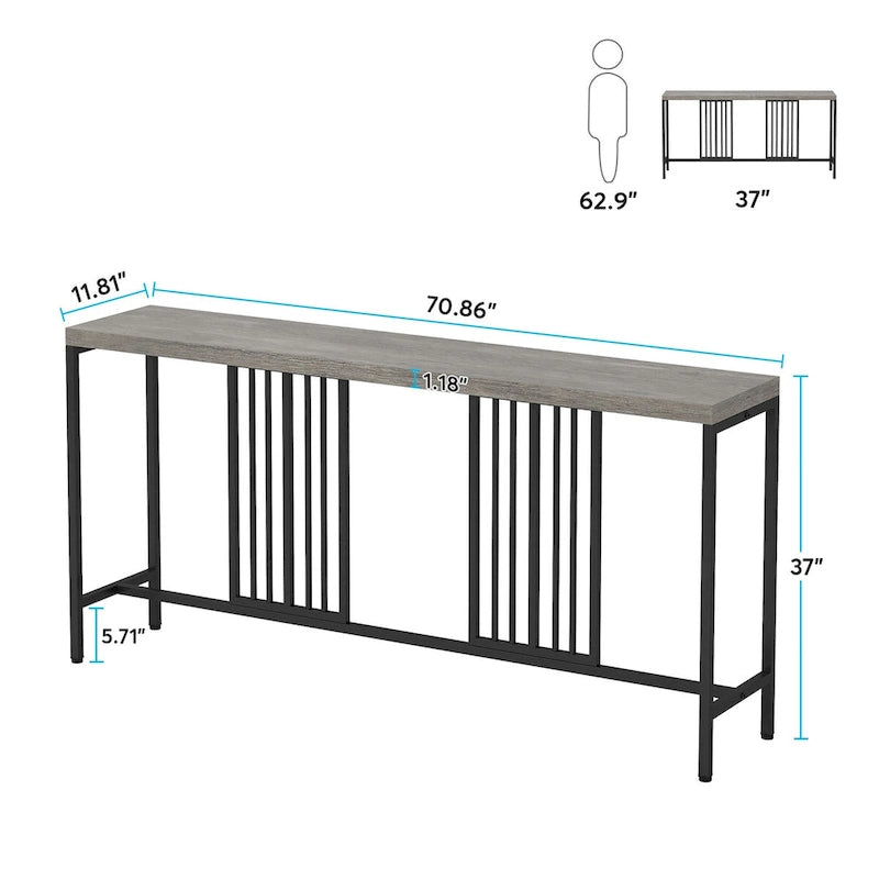 Console de canapé de 70.9 pouces avec étagère de rangement ouverte, style industriel, table étroite extra-longue pour canapé, table d’entrée derrière le canapé